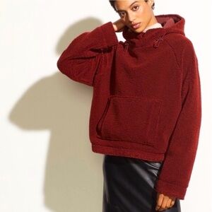 VINCE Hoodie Shearling Teddy Pullover Sweatshirt Anise Drawstring, burgundy